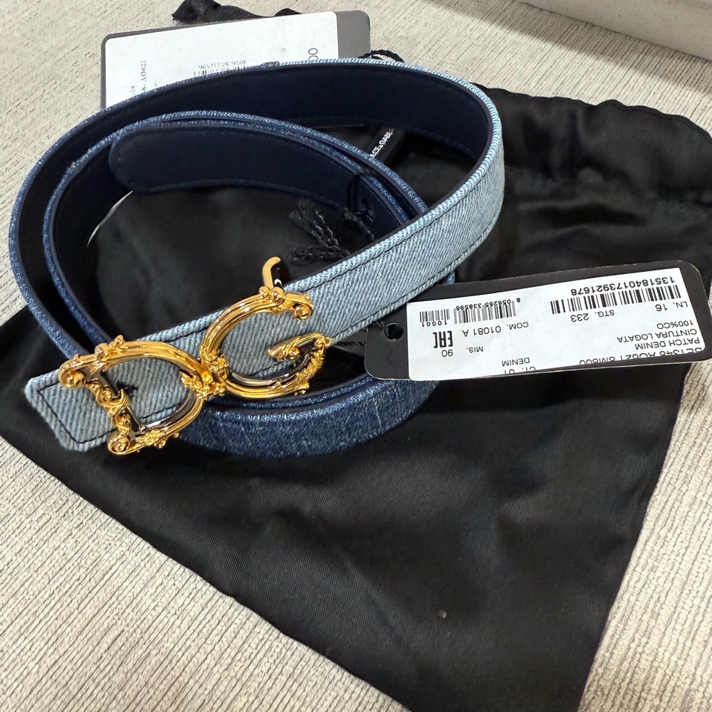 Dolce & Gabbana Blue Patch Denim Belt with Gold Logo Buckle